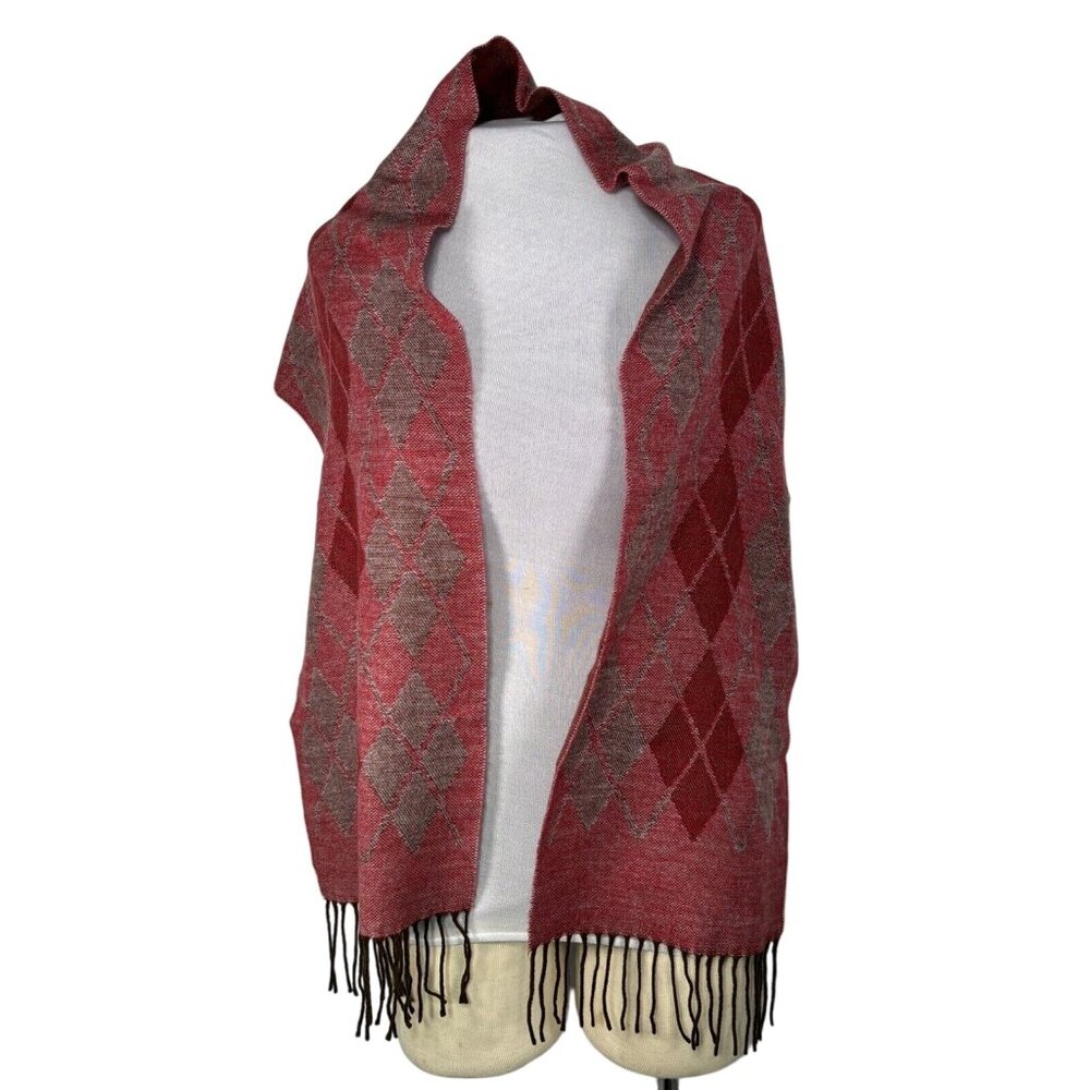 Geoffrey Beene Womens Argyle Wool & Cashmere Shawl Scarf Red & Gray